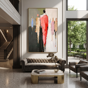 Red Figure Walks Forward - abstract red figure painting by Savannah Reed, modern folk art vertical wall art – styled room scene view 1