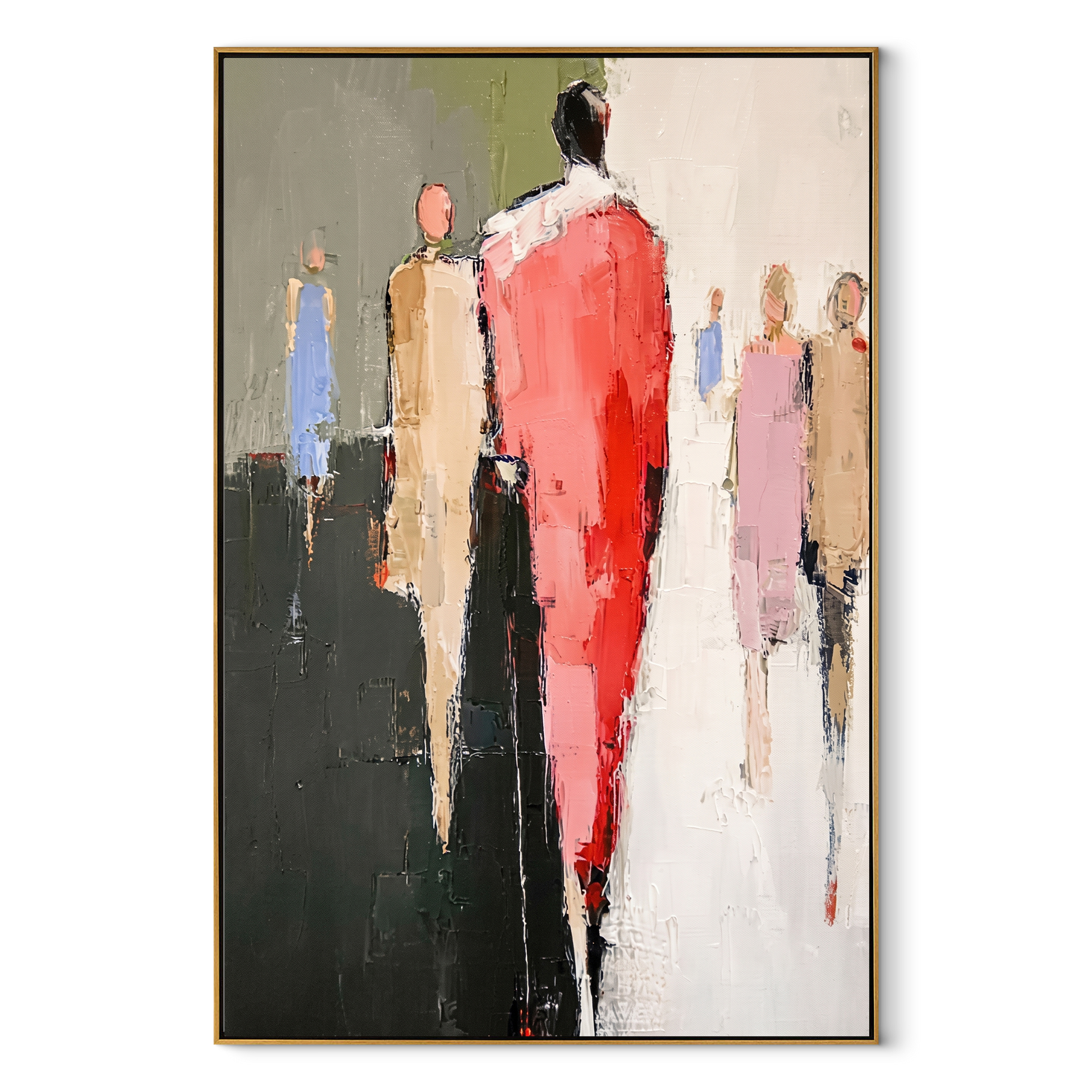 Red Figure Walks Forward - abstract red figure painting by Savannah Reed, modern folk art vertical wall art – wood frame on white background