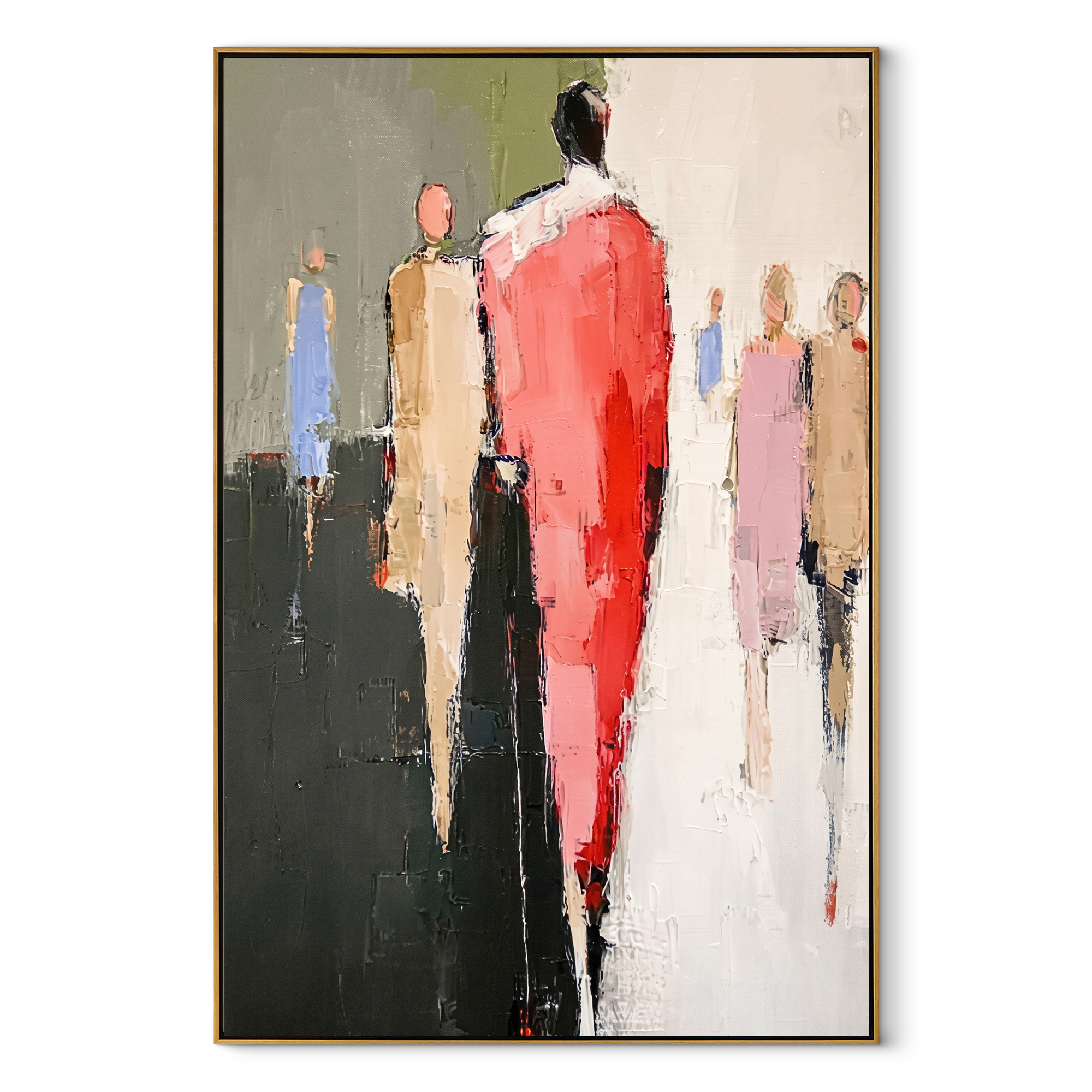 Red Figure Walks Forward - abstract red figure painting by Savannah Reed, modern folk art vertical wall art – wood frame on white background