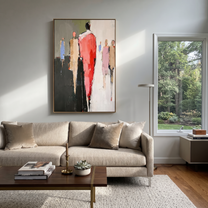 Red Figure Walks Forward - abstract red figure painting by Savannah Reed, modern folk art vertical wall art – styled room scene view 2