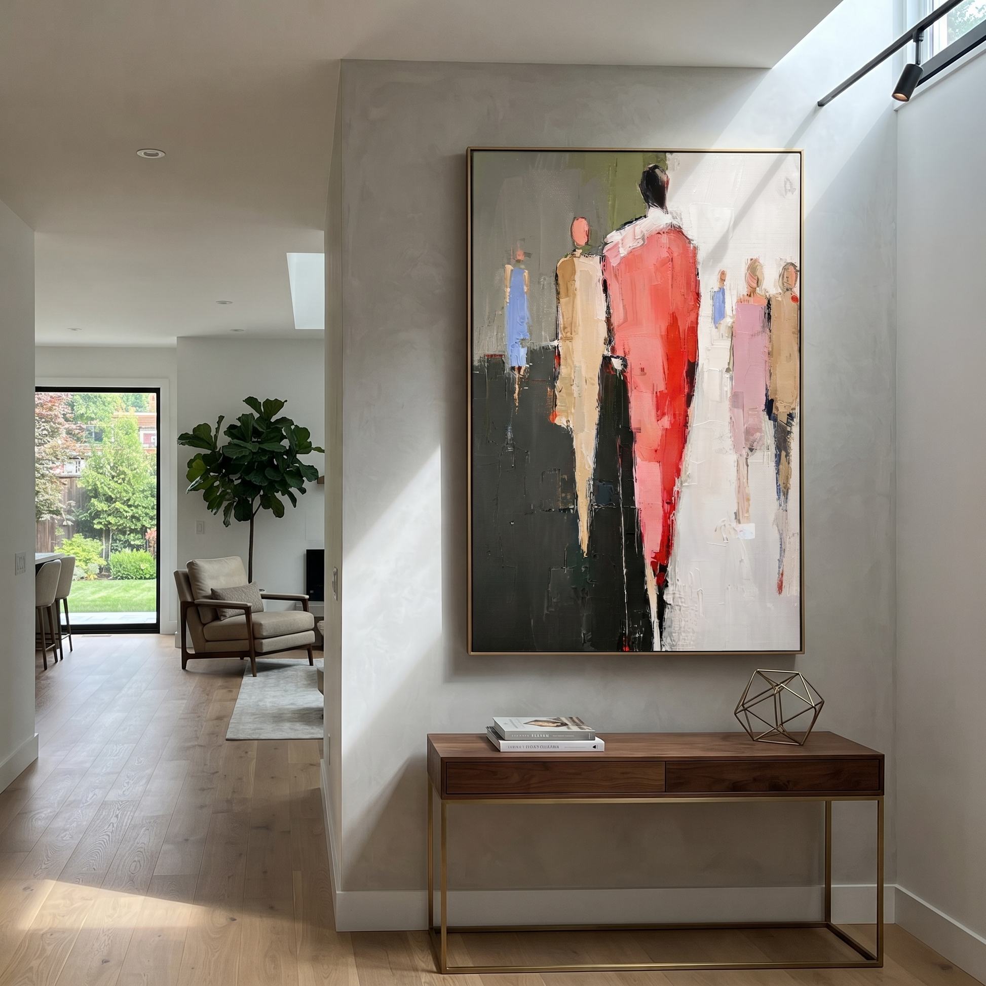 Red Figure Walks Forward - abstract red figure painting by Savannah Reed, modern folk art vertical wall art – styled room scene view 4