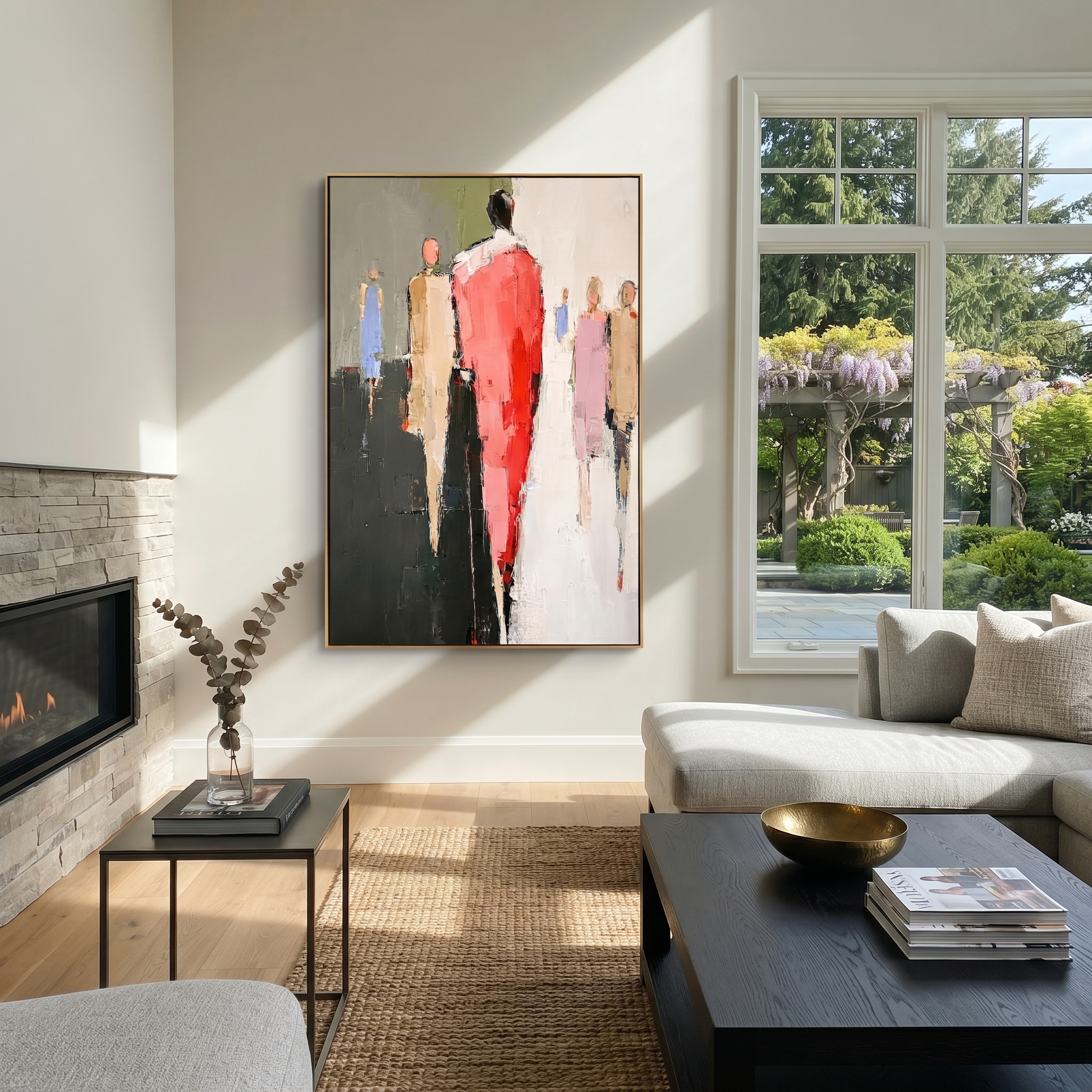 Red Figure Walks Forward - abstract red figure painting by Savannah Reed, modern folk art vertical wall art – styled room scene view 5