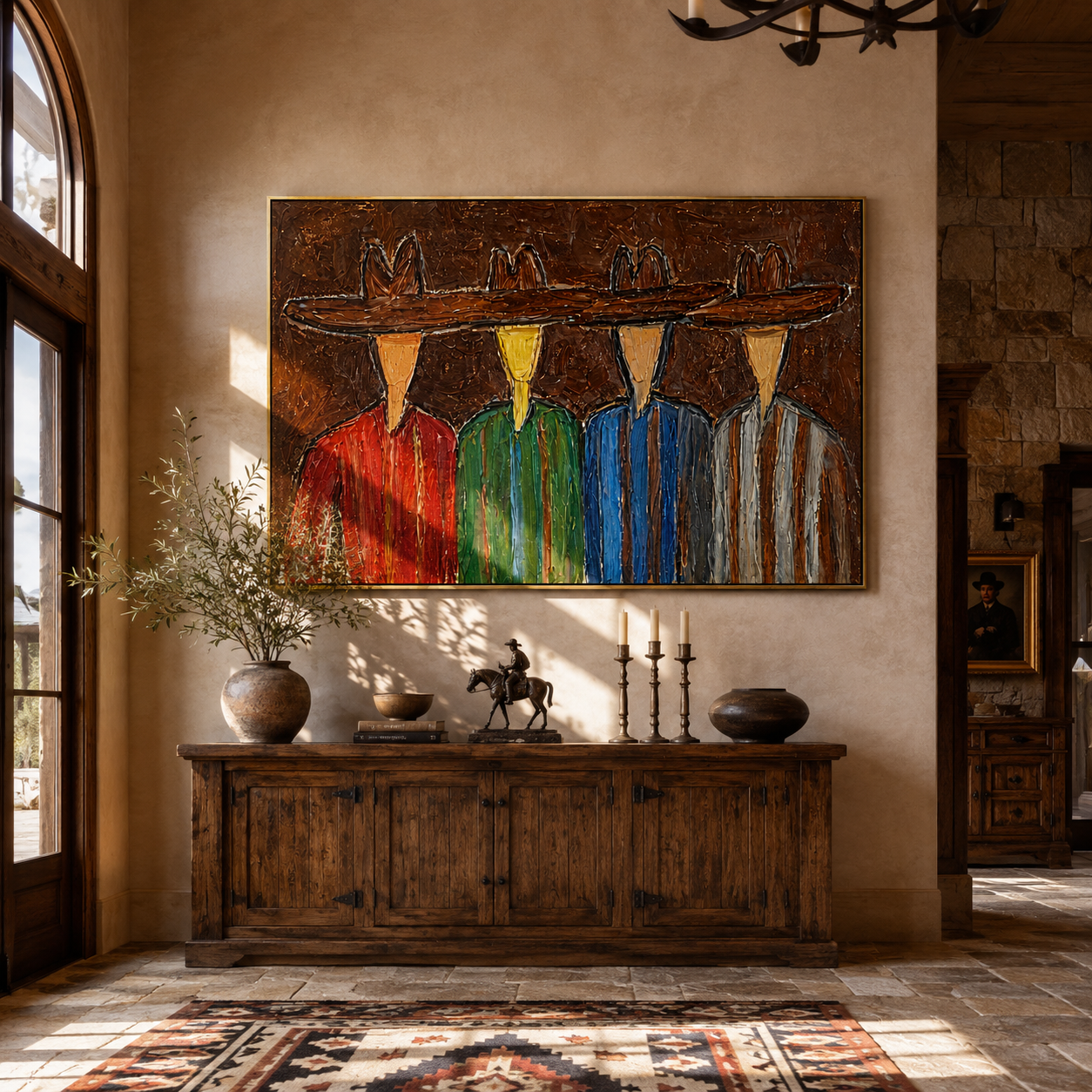 Four Brims Share One Horizon - colorful cowboy quartet painting by Savannah Reed, modern folk art horizontal wall art – styled room scene view 1