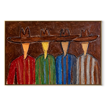 Four Brims Share One Horizon - colorful cowboy quartet painting by Savannah Reed, modern folk art horizontal wall art – wood frame on white background