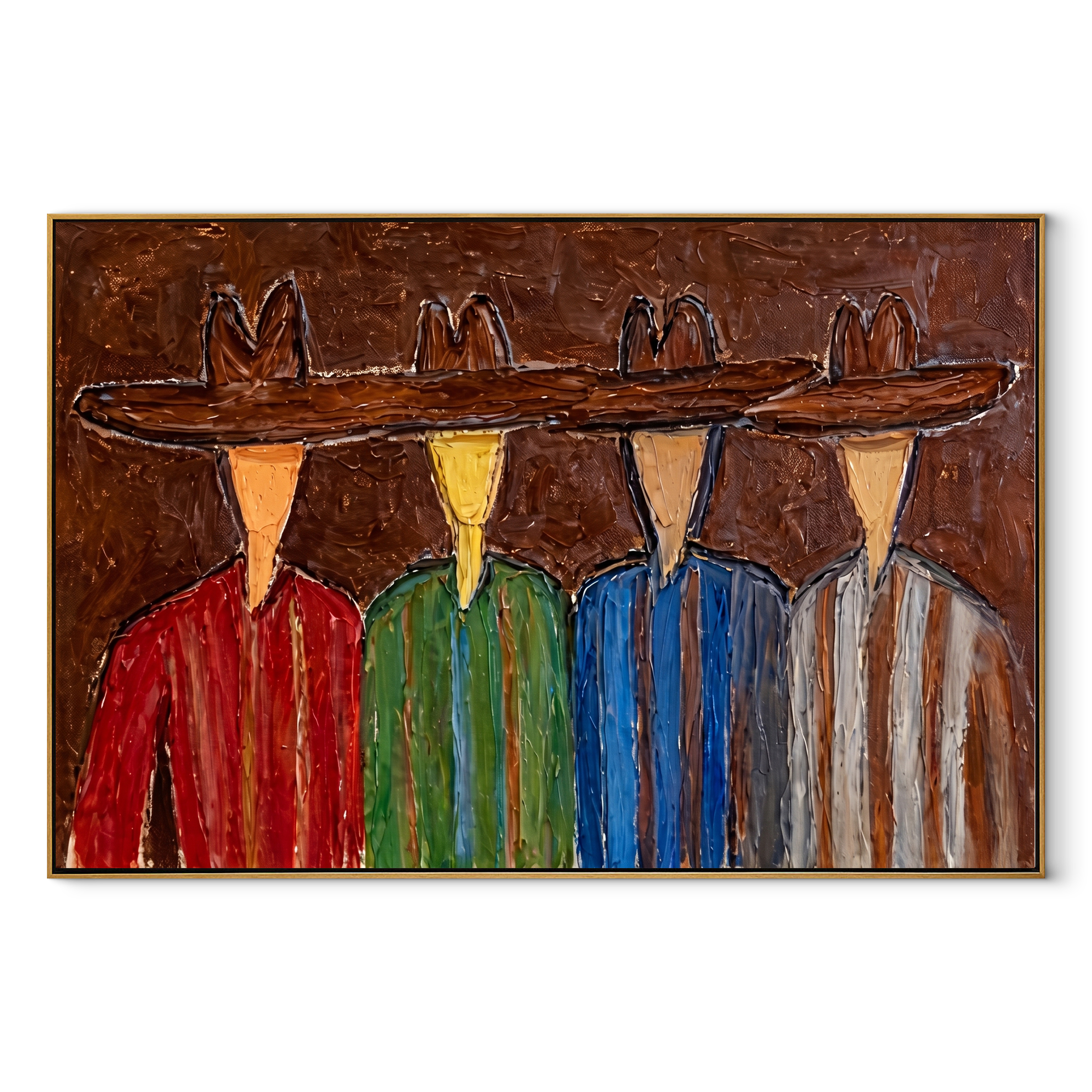 Four Brims Share One Horizon - colorful cowboy quartet painting by Savannah Reed, modern folk art horizontal wall art – wood frame on white background