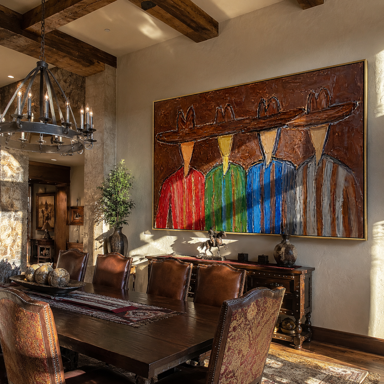 Four Brims Share One Horizon - colorful cowboy quartet painting by Savannah Reed, modern folk art horizontal wall art – styled room scene view 2