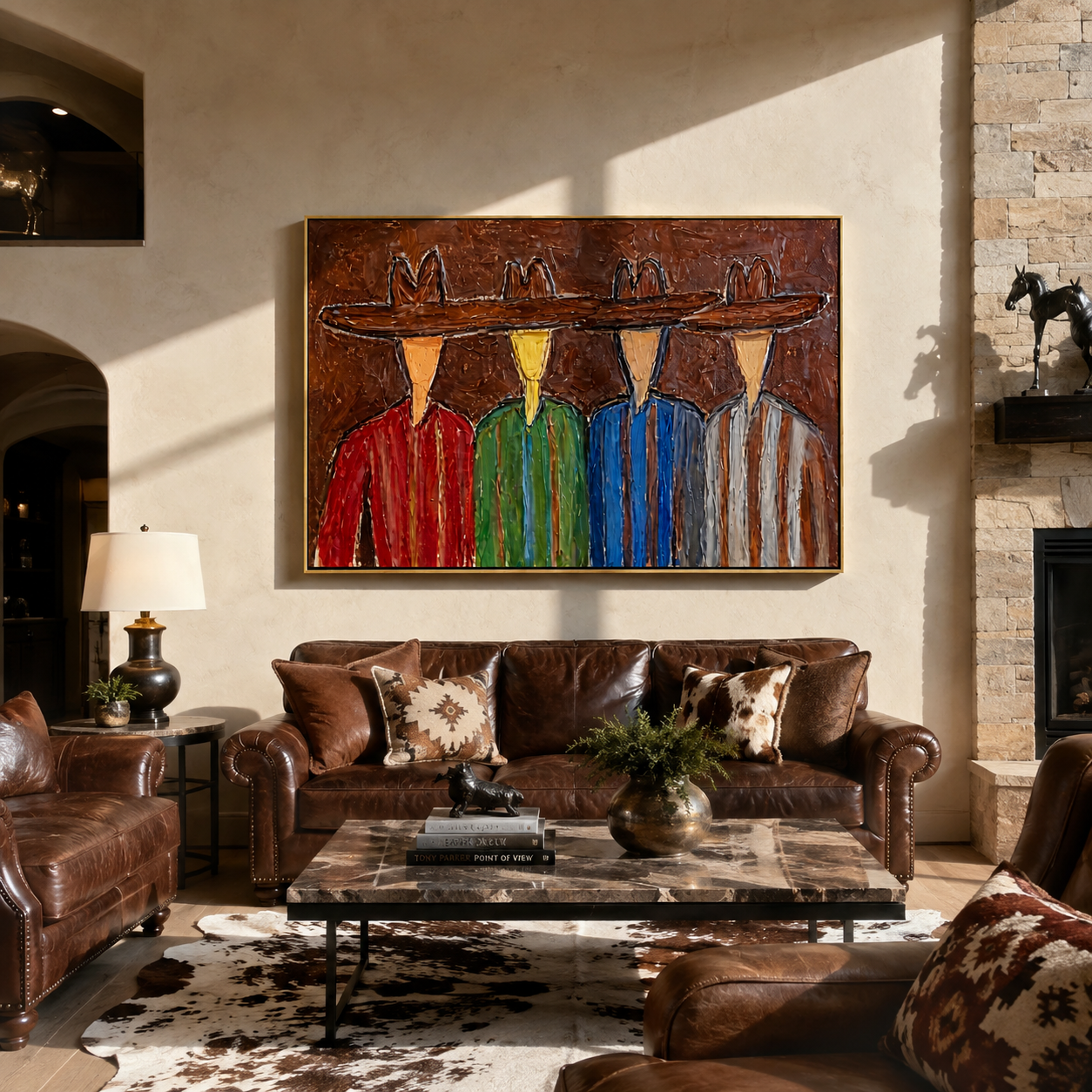 Four Brims Share One Horizon - colorful cowboy quartet painting by Savannah Reed, modern folk art horizontal wall art – styled room scene view 3