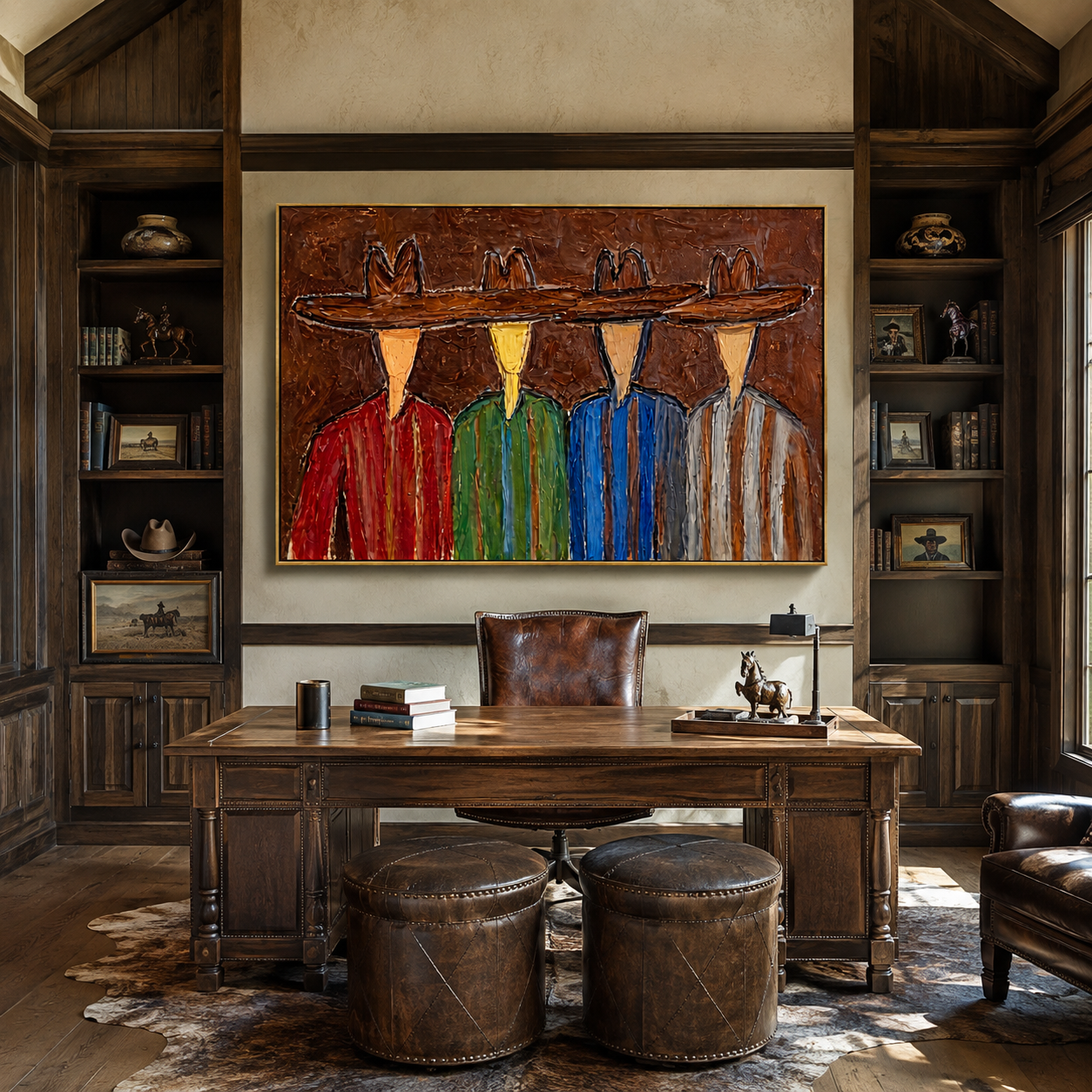 Four Brims Share One Horizon - colorful cowboy quartet painting by Savannah Reed, modern folk art horizontal wall art – styled room scene view 4
