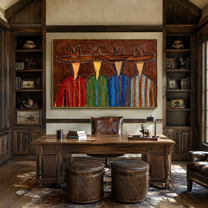 Four Brims Share One Horizon - colorful cowboy quartet painting by Savannah Reed, modern folk art horizontal wall art – styled room scene view 4
