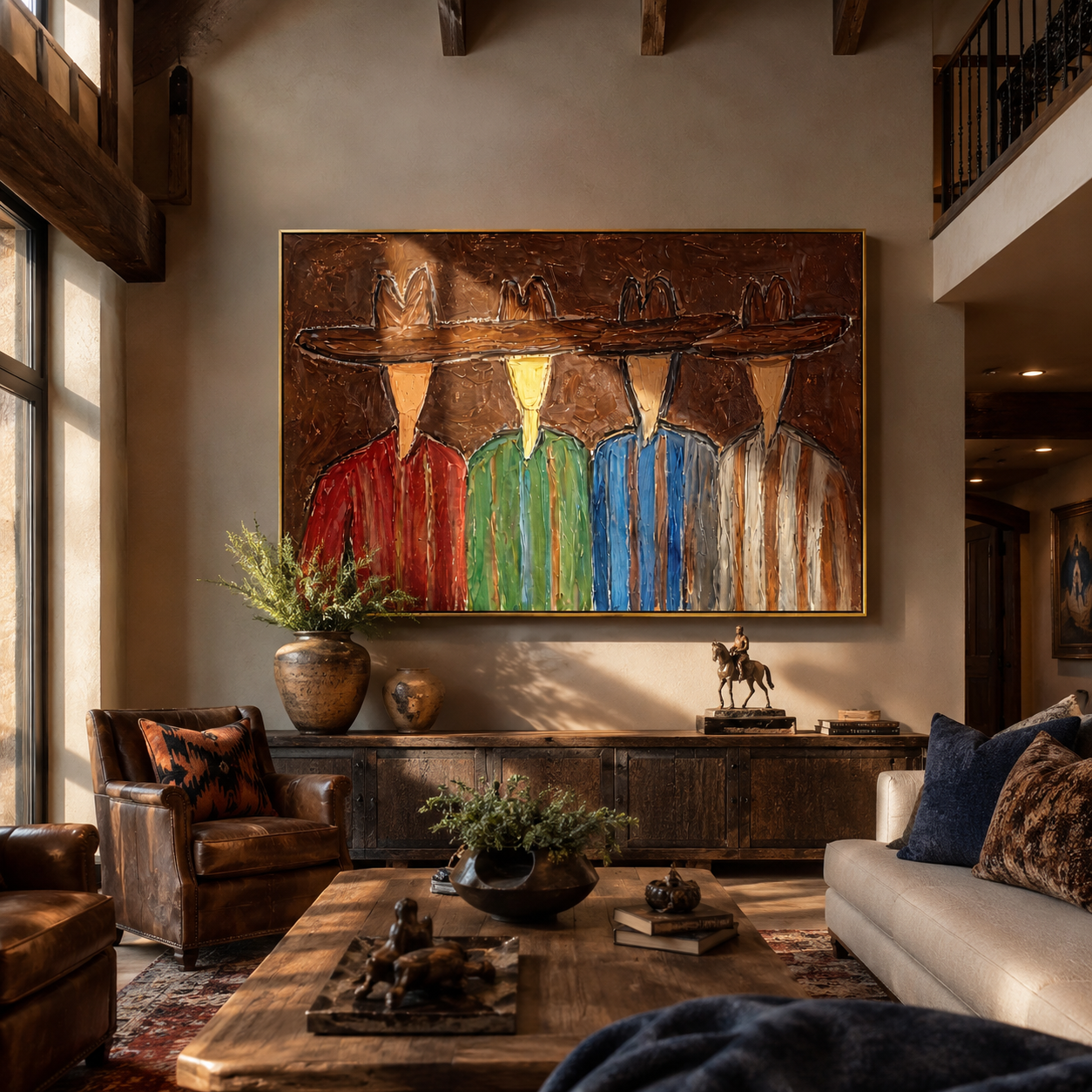 Four Brims Share One Horizon - colorful cowboy quartet painting by Savannah Reed, modern folk art horizontal wall art – styled room scene view 5