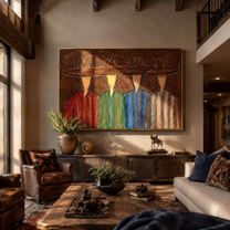 Four Brims Share One Horizon - colorful cowboy quartet painting by Savannah Reed, modern folk art horizontal wall art – styled room scene view 5