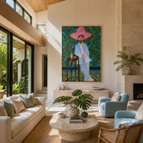 Pink Brim Waits in the Garden - blue suit cowboy portrait by Savannah Reed, modern folk art vertical wall art – styled room scene view 1