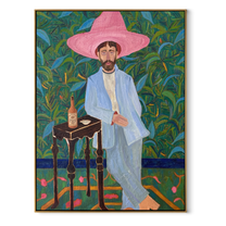 Pink Brim Waits in the Garden - blue suit cowboy portrait by Savannah Reed, modern folk art vertical wall art – wood frame on white background