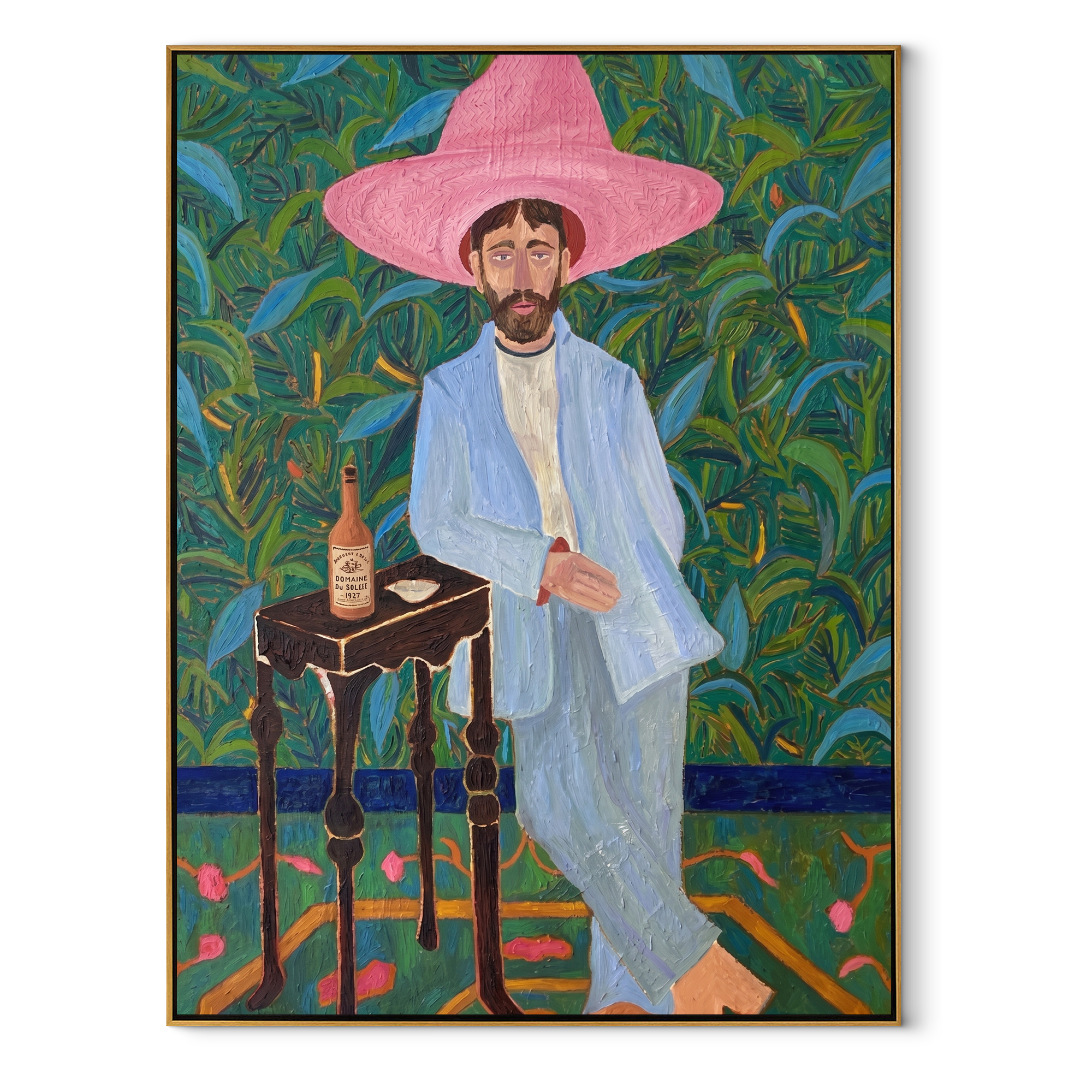 Pink Brim Waits in the Garden - blue suit cowboy portrait by Savannah Reed, modern folk art vertical wall art – wood frame on white background