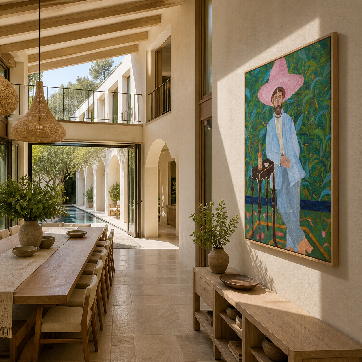 Pink Brim Waits in the Garden - blue suit cowboy portrait by Savannah Reed, modern folk art vertical wall art – styled room scene view 2