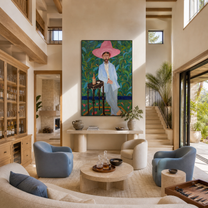 Pink Brim Waits in the Garden - blue suit cowboy portrait by Savannah Reed, modern folk art vertical wall art – styled room scene view 3
