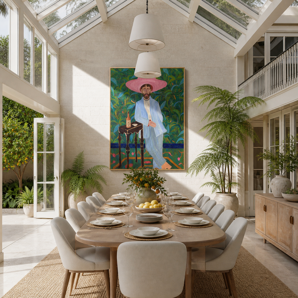 Pink Brim Waits in the Garden - blue suit cowboy portrait by Savannah Reed, modern folk art vertical wall art – styled room scene view 4