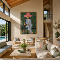 Pink Brim Waits in the Garden - blue suit cowboy portrait by Savannah Reed, modern folk art vertical wall art – styled room scene view 5