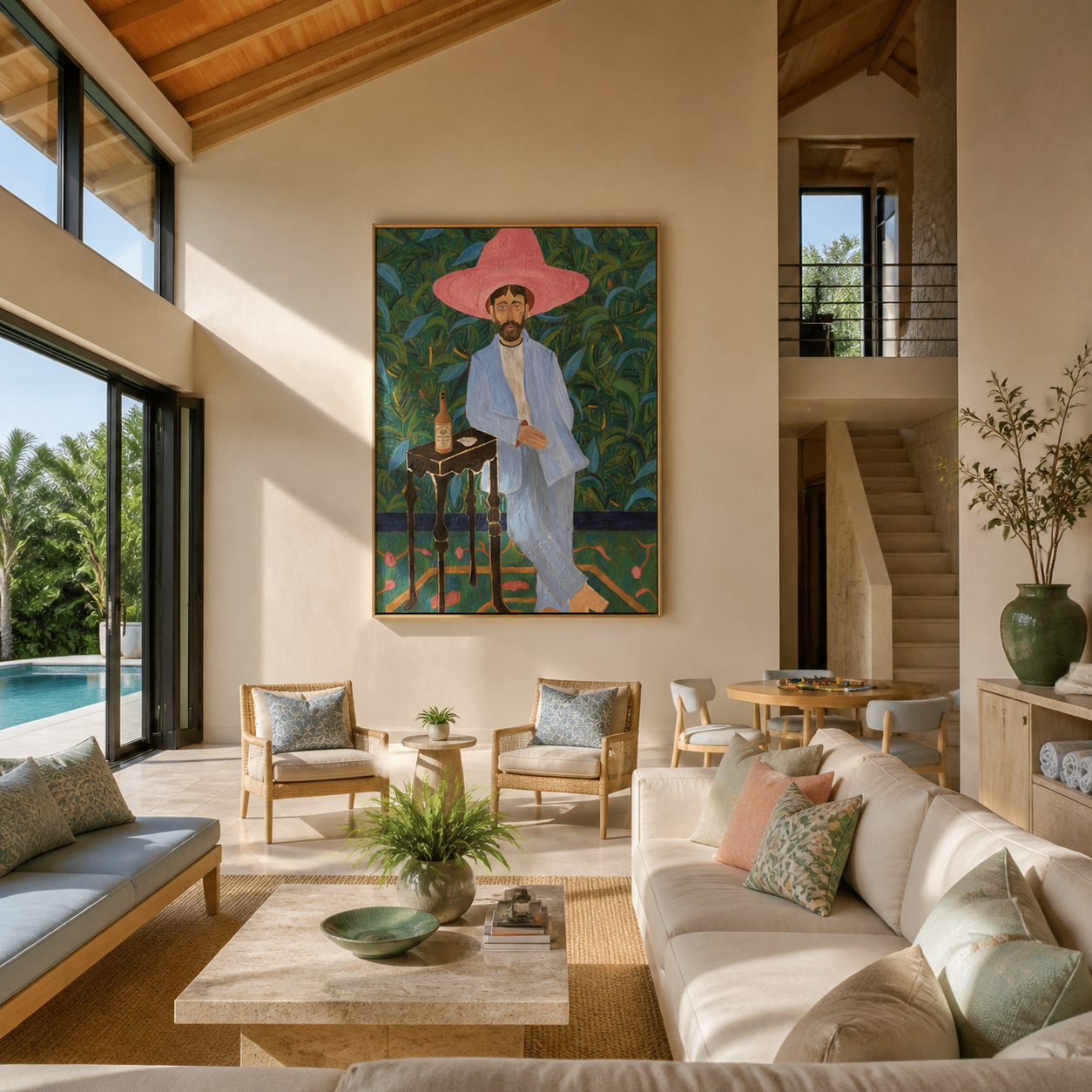 Pink Brim Waits in the Garden - blue suit cowboy portrait by Savannah Reed, modern folk art vertical wall art – styled room scene view 5