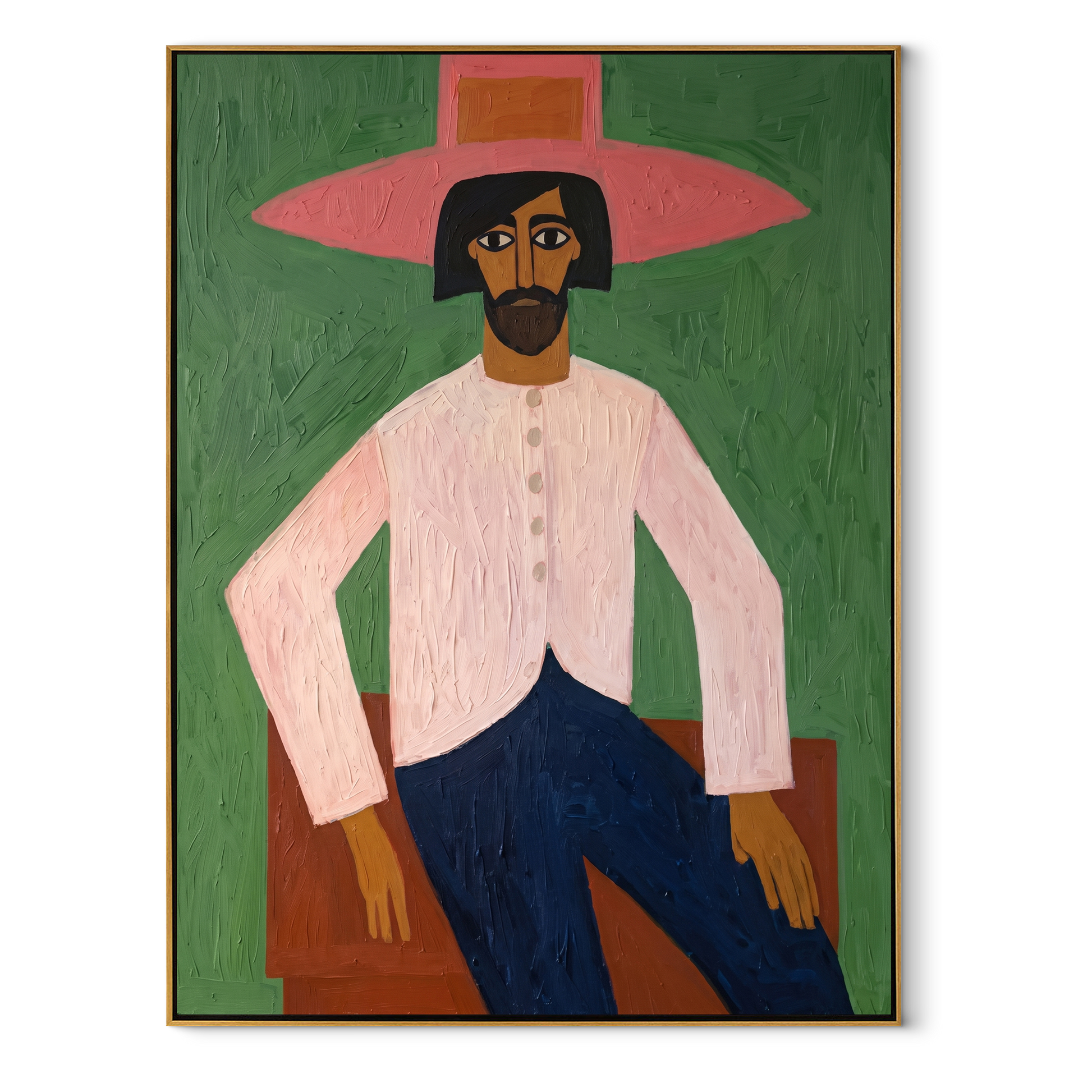 Rose Brim Holds the Green Room - seated pink cowboy painting by Savannah Reed, modern folk art vertical wall art – wood frame on white background