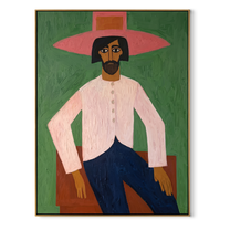 Rose Brim Holds the Green Room - seated pink cowboy painting by Savannah Reed, modern folk art vertical wall art – wood frame on white background