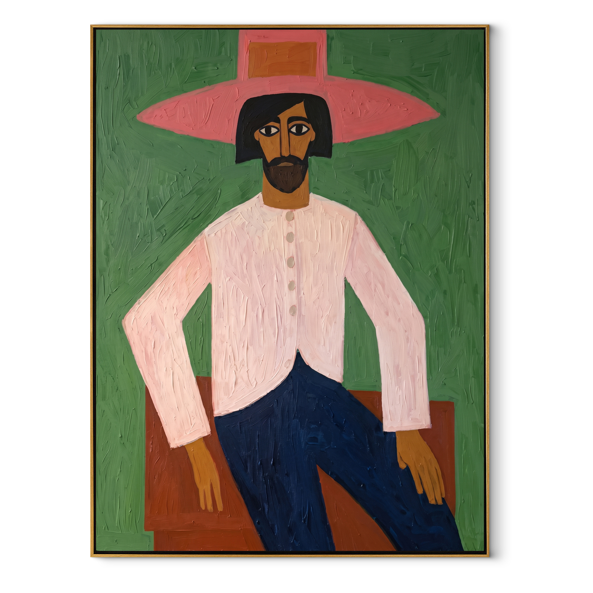 Rose Brim Holds the Green Room - seated pink cowboy painting by Savannah Reed, modern folk art vertical wall art – wood frame on white background