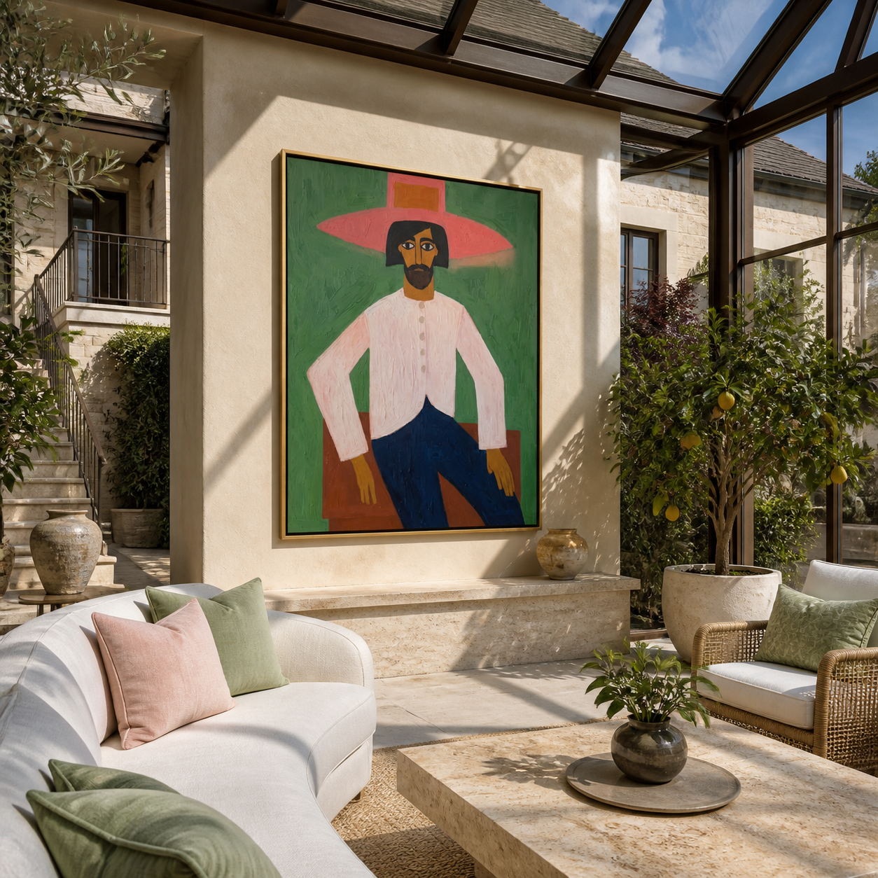 Rose Brim Holds the Green Room - seated pink cowboy painting by Savannah Reed, modern folk art vertical wall art – styled room scene view 2