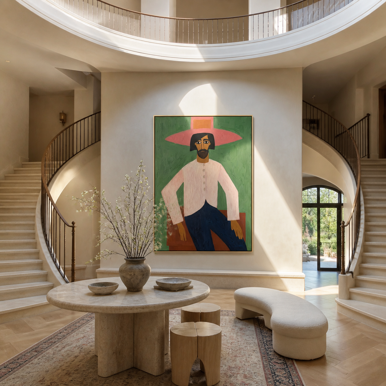 Rose Brim Holds the Green Room - seated pink cowboy painting by Savannah Reed, modern folk art vertical wall art – styled room scene view 4
