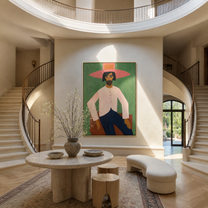 Rose Brim Holds the Green Room - seated pink cowboy painting by Savannah Reed, modern folk art vertical wall art – styled room scene view 4
