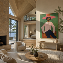 Rose Brim Holds the Green Room - seated pink cowboy painting by Savannah Reed, modern folk art vertical wall art – styled room scene view 5