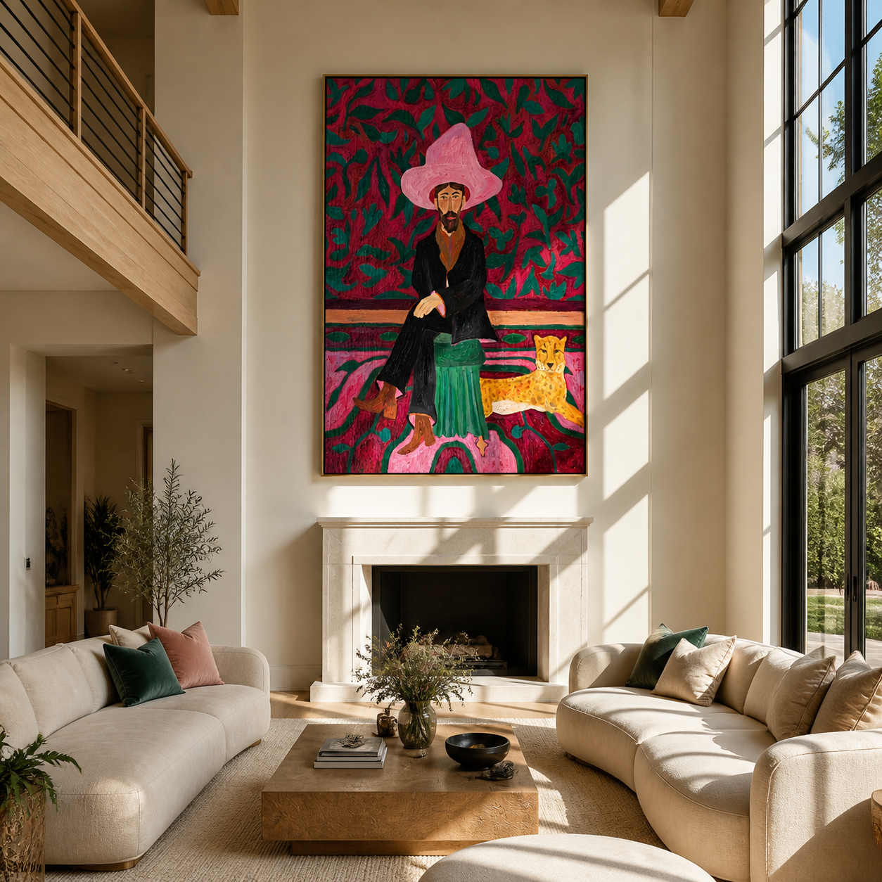 Pink Garden Keeps the Cheetah - cowboy and cheetah portrait by Savannah Reed, modern folk art vertical wall art – styled room scene view 1