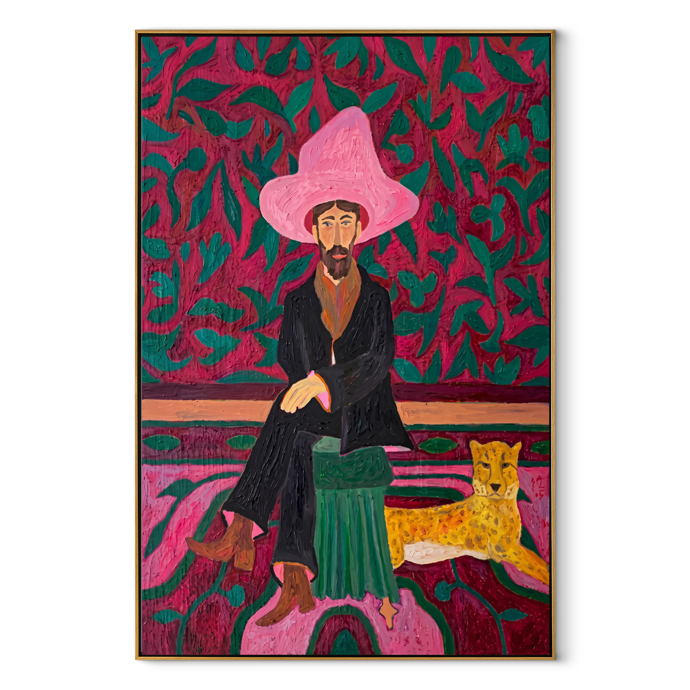 Pink Garden Keeps the Cheetah - cowboy and cheetah portrait by Savannah Reed, modern folk art vertical wall art – wood frame on white background