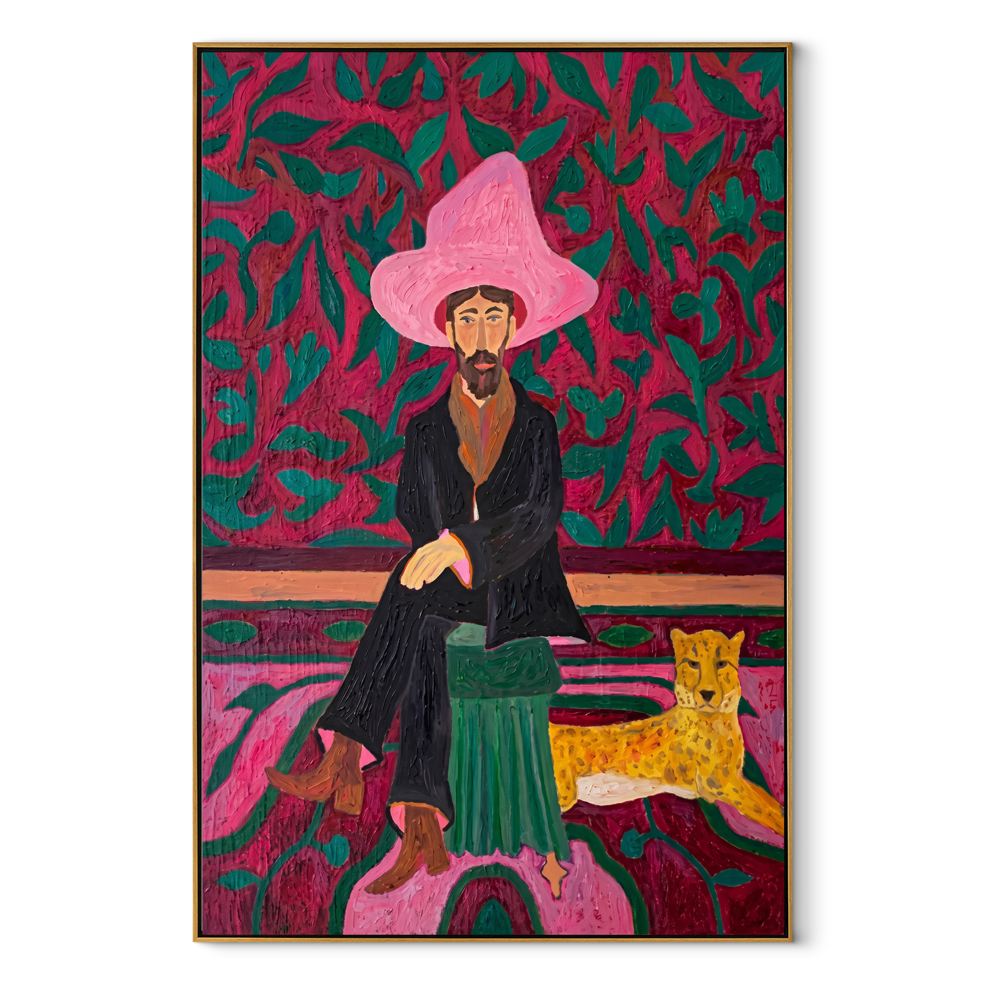 Pink Garden Keeps the Cheetah - cowboy and cheetah portrait by Savannah Reed, modern folk art vertical wall art – wood frame on white background