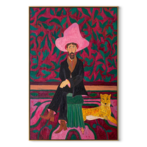 Pink Garden Keeps the Cheetah - cowboy and cheetah portrait by Savannah Reed, modern folk art vertical wall art – wood frame on white background