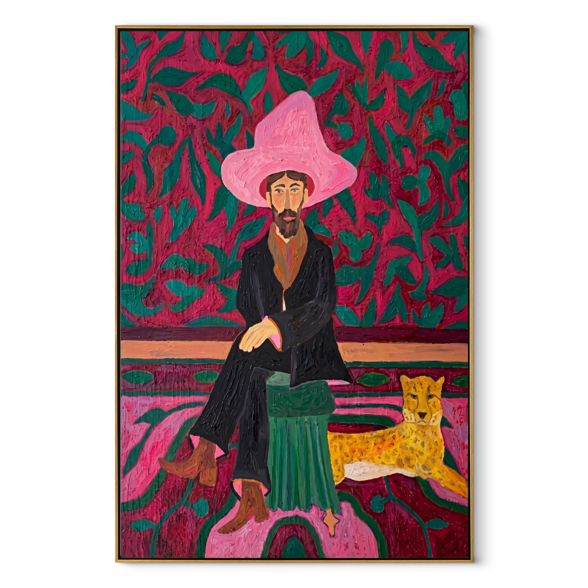 Pink Garden Keeps the Cheetah - cowboy and cheetah portrait by Savannah Reed, modern folk art vertical wall art – wood frame on white background