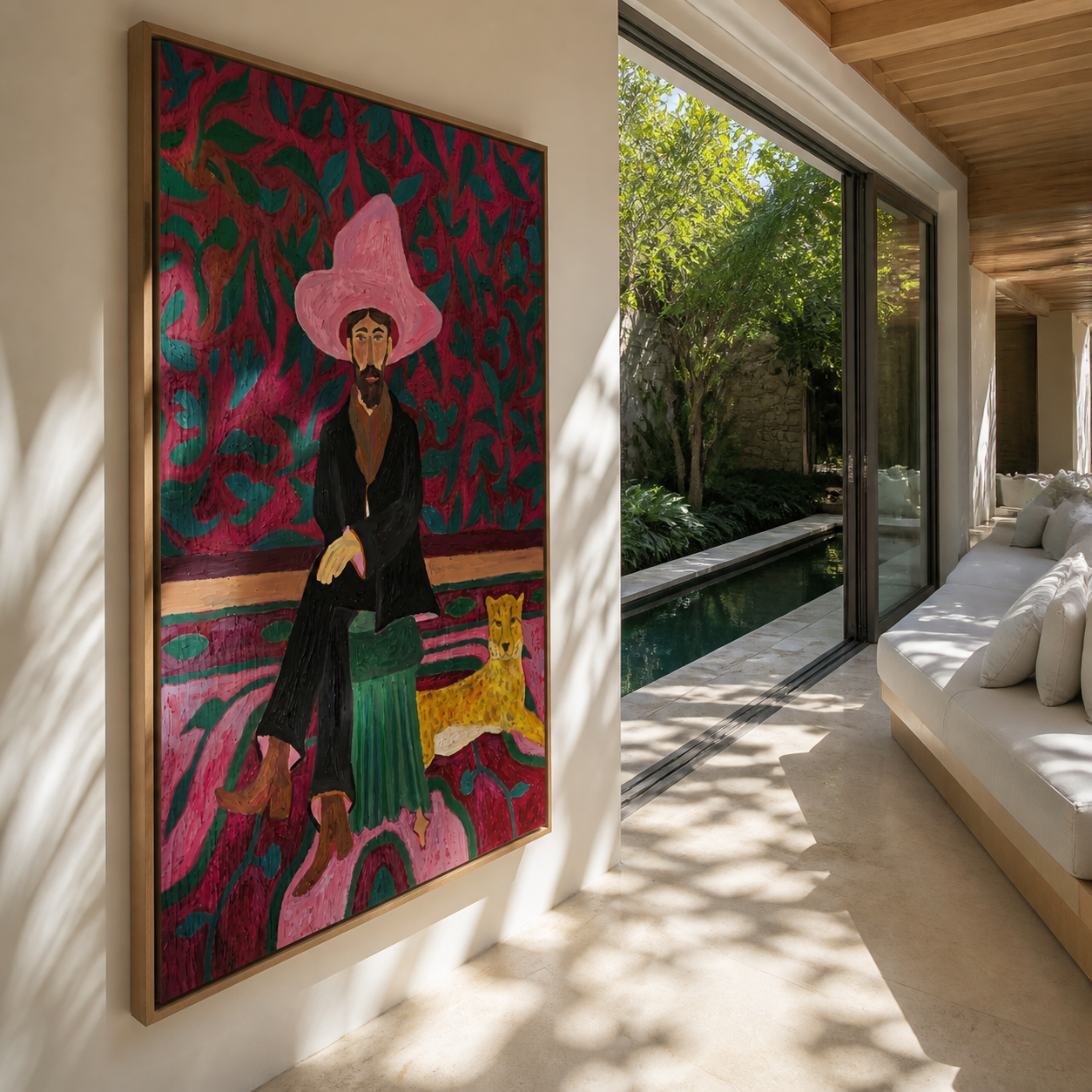 Pink Garden Keeps the Cheetah - cowboy and cheetah portrait by Savannah Reed, modern folk art vertical wall art – styled room scene view 2