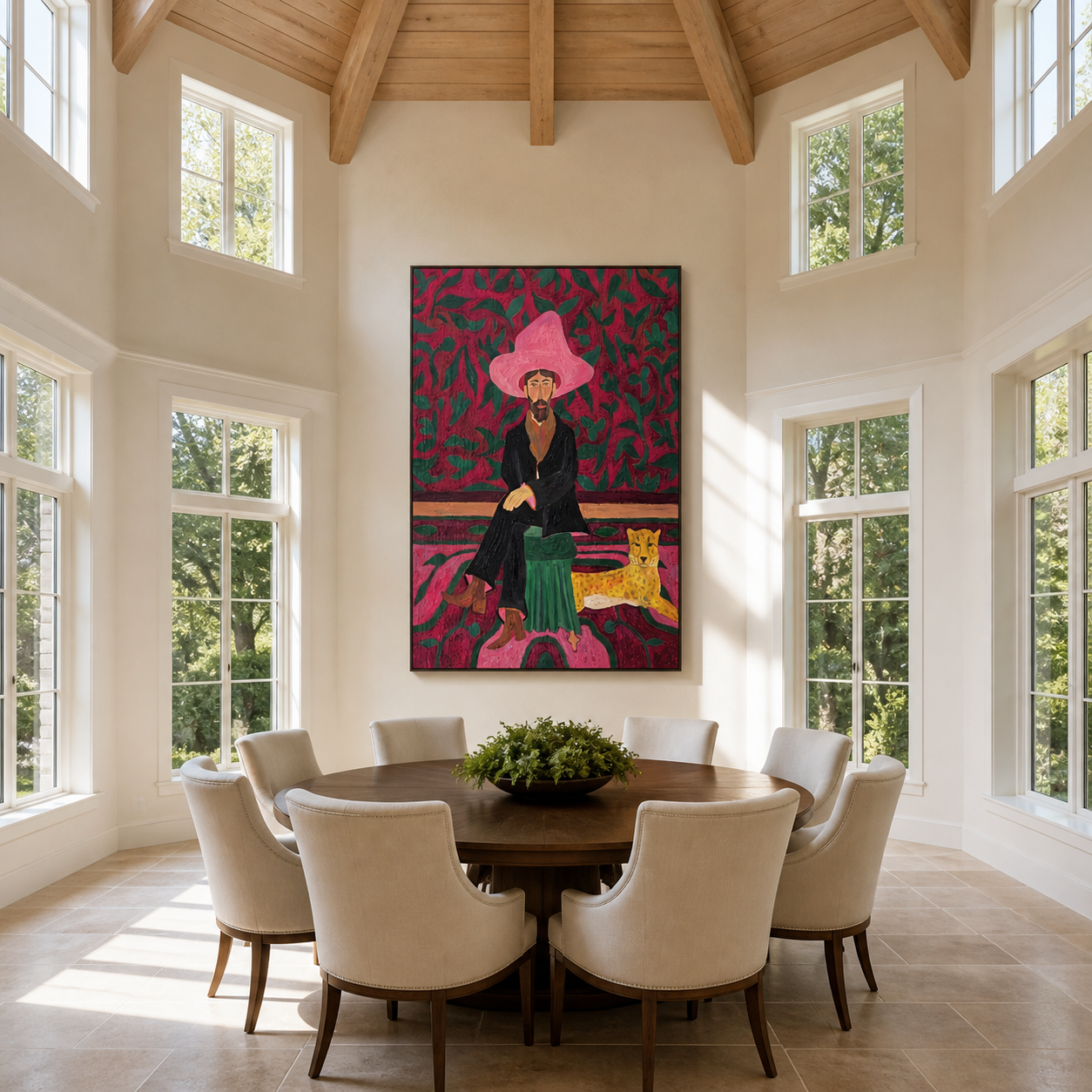 Pink Garden Keeps the Cheetah - cowboy and cheetah portrait by Savannah Reed, modern folk art vertical wall art – styled room scene view 3