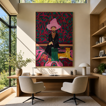 Pink Garden Keeps the Cheetah - cowboy and cheetah portrait by Savannah Reed, modern folk art vertical wall art – styled room scene view 4