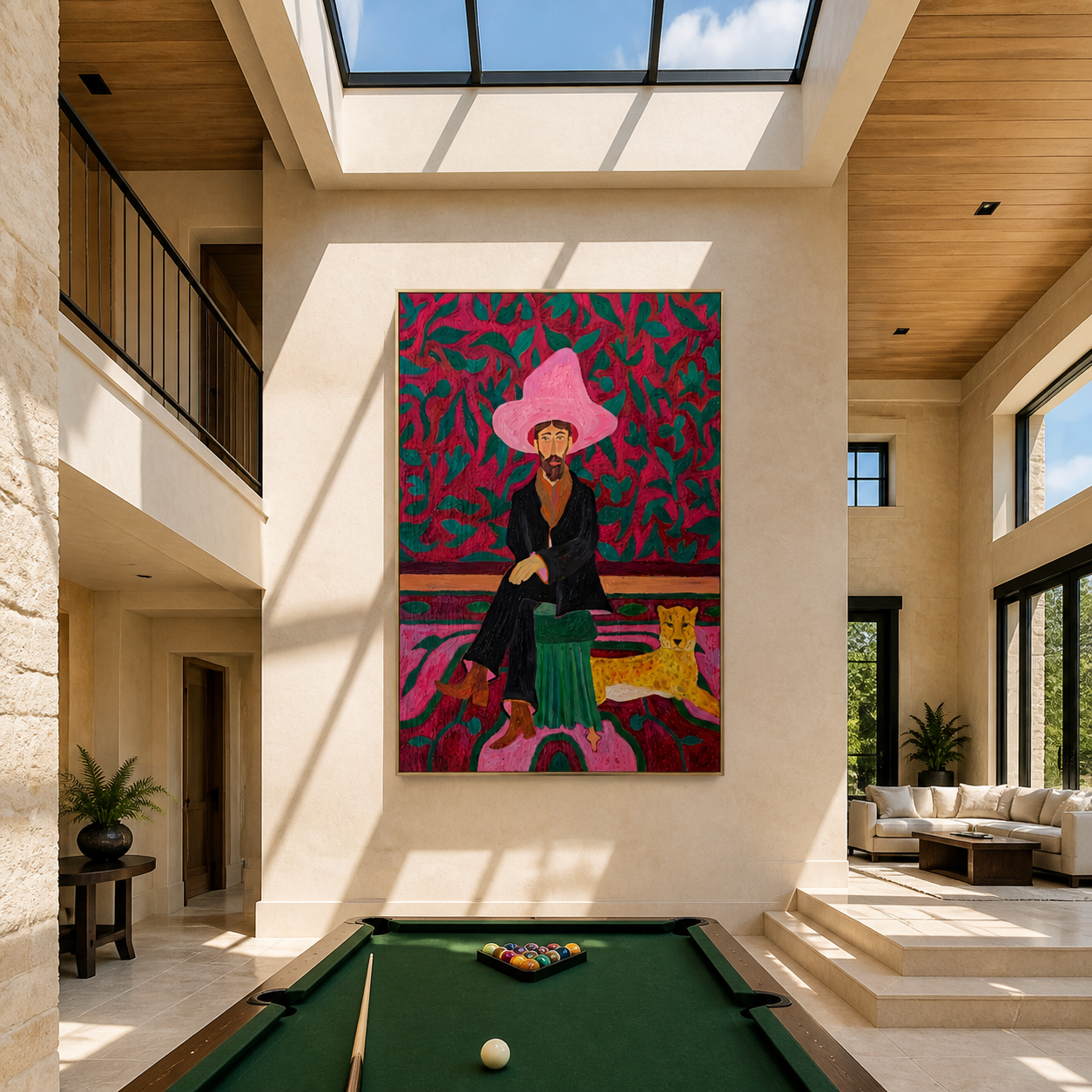 Pink Garden Keeps the Cheetah - cowboy and cheetah portrait by Savannah Reed, modern folk art vertical wall art – styled room scene view 5