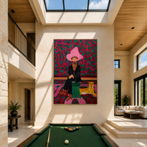 Pink Garden Keeps the Cheetah - cowboy and cheetah portrait by Savannah Reed, modern folk art vertical wall art – styled room scene view 5
