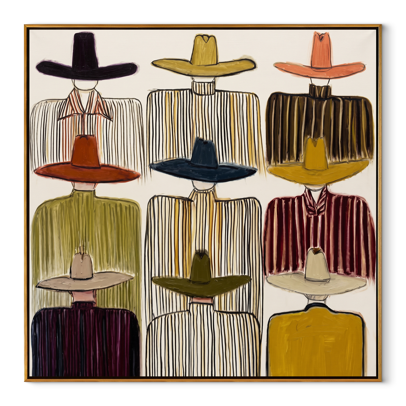 Nine Brims Fill Silence - nine cowboy portrait painting by Savannah Reed, modern folk art square wall art – wood frame on white background