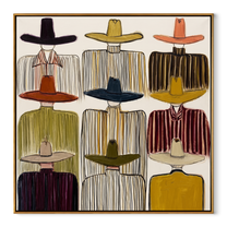 Nine Brims Fill Silence - nine cowboy portrait painting by Savannah Reed, modern folk art square wall art – wood frame on white background