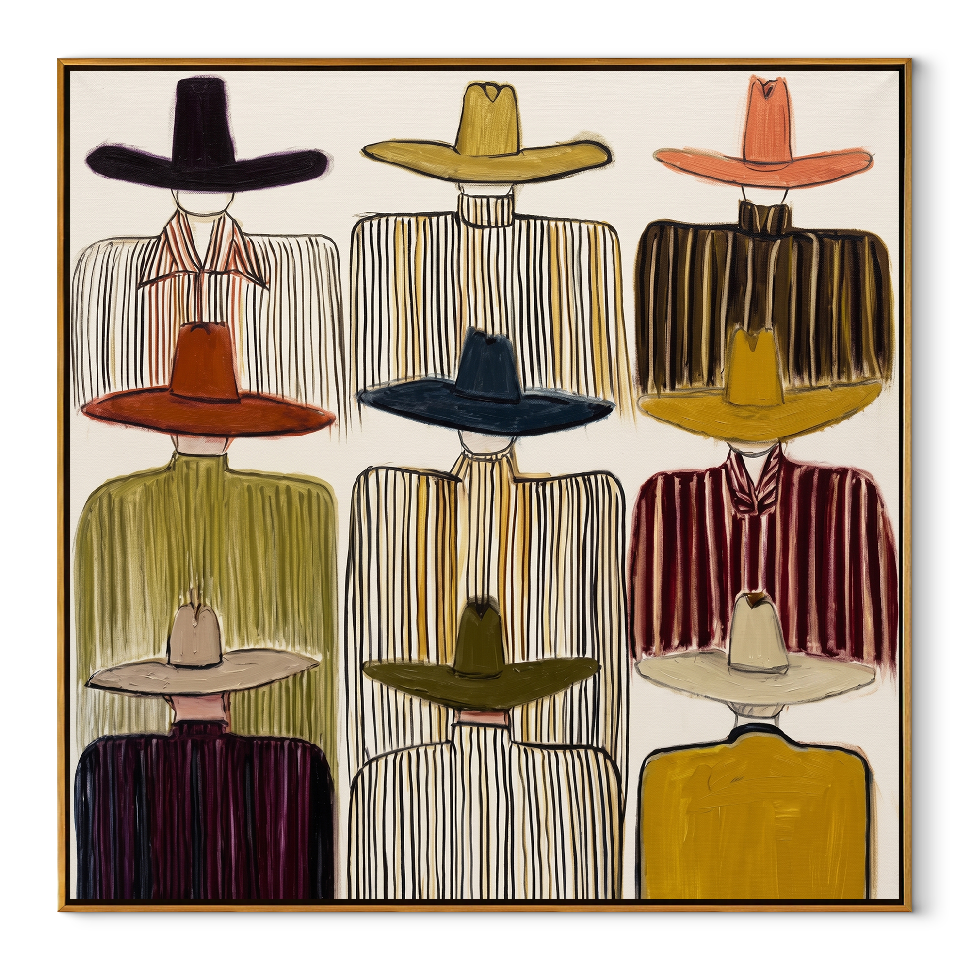 Nine Brims Fill Silence - nine cowboy portrait painting by Savannah Reed, modern folk art square wall art – wood frame on white background