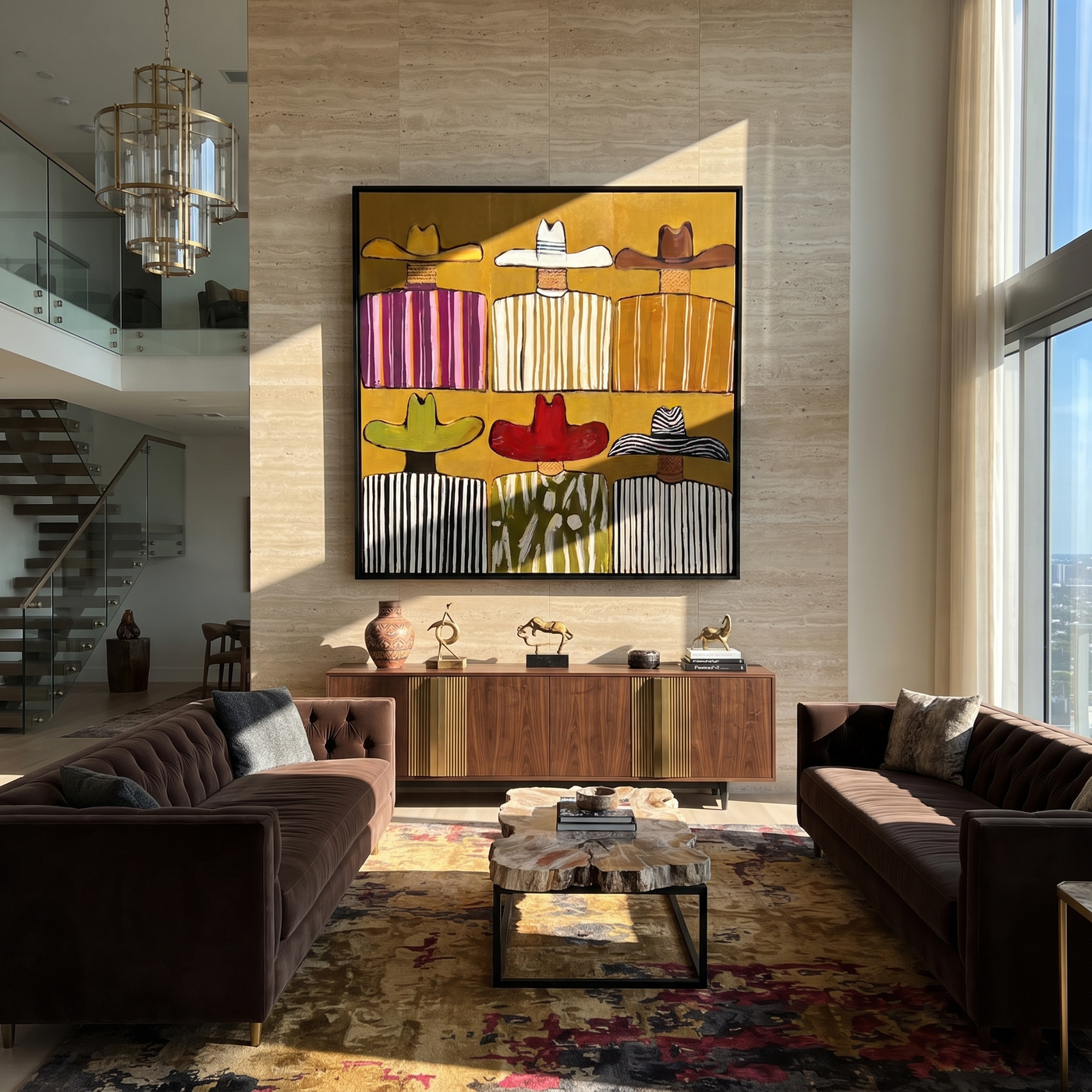 Six Brims Hold Mustard - six cowboy grid painting by Savannah Reed, modern folk art square wall art – styled room scene view 1