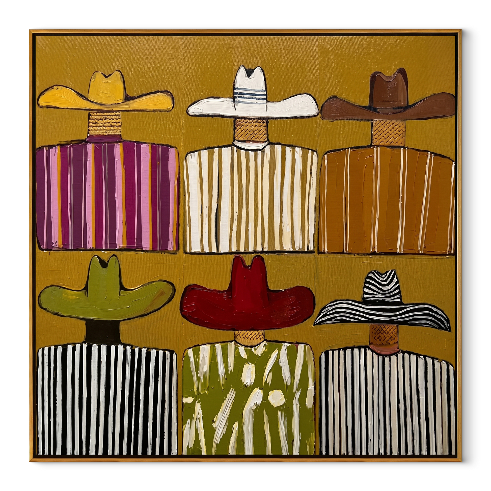 Six Brims Hold Mustard - six cowboy grid painting by Savannah Reed, modern folk art square wall art – wood frame on white background