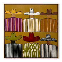 Six Brims Hold Mustard - six cowboy grid painting by Savannah Reed, modern folk art square wall art – wood frame on white background