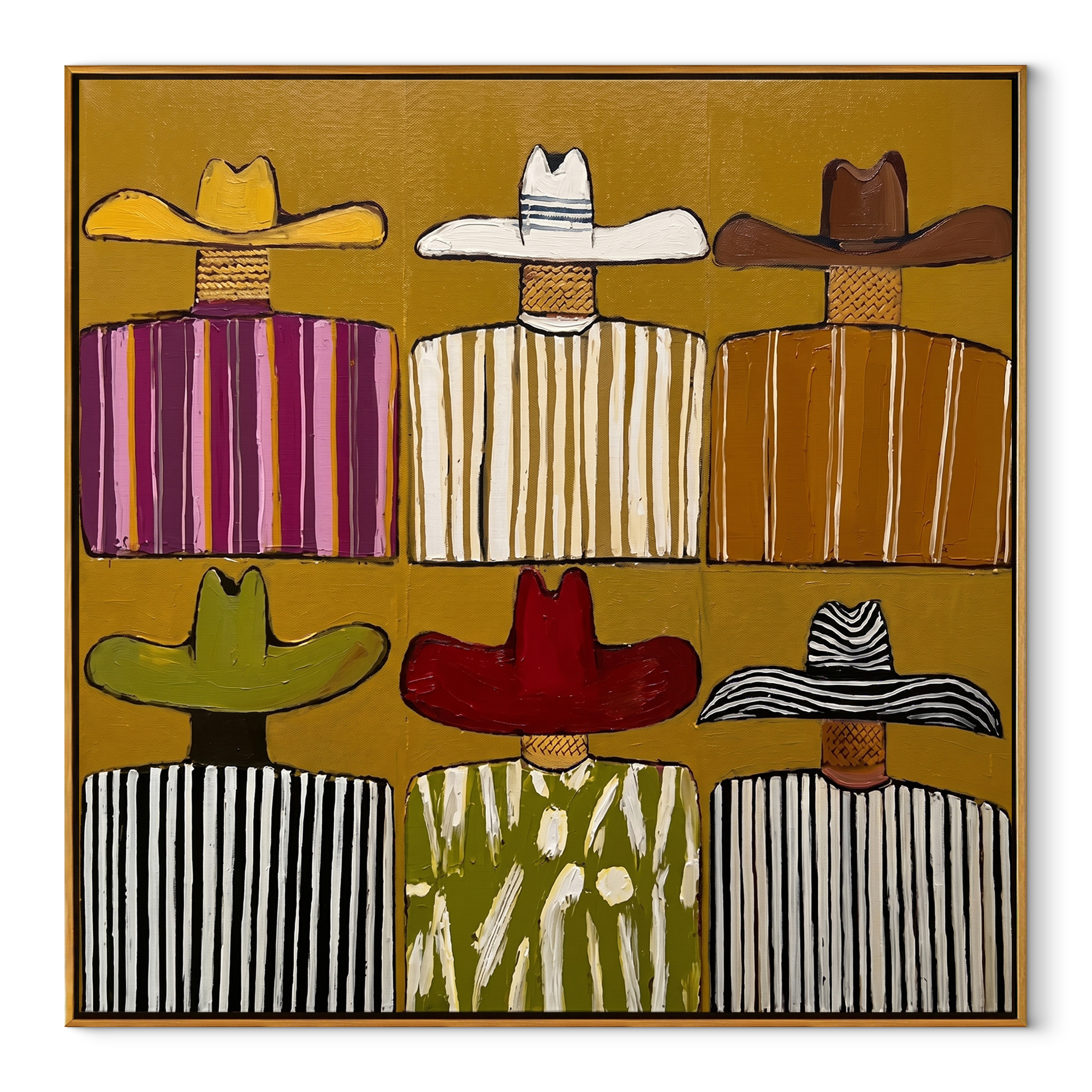 Six Brims Hold Mustard - six cowboy grid painting by Savannah Reed, modern folk art square wall art – wood frame on white background