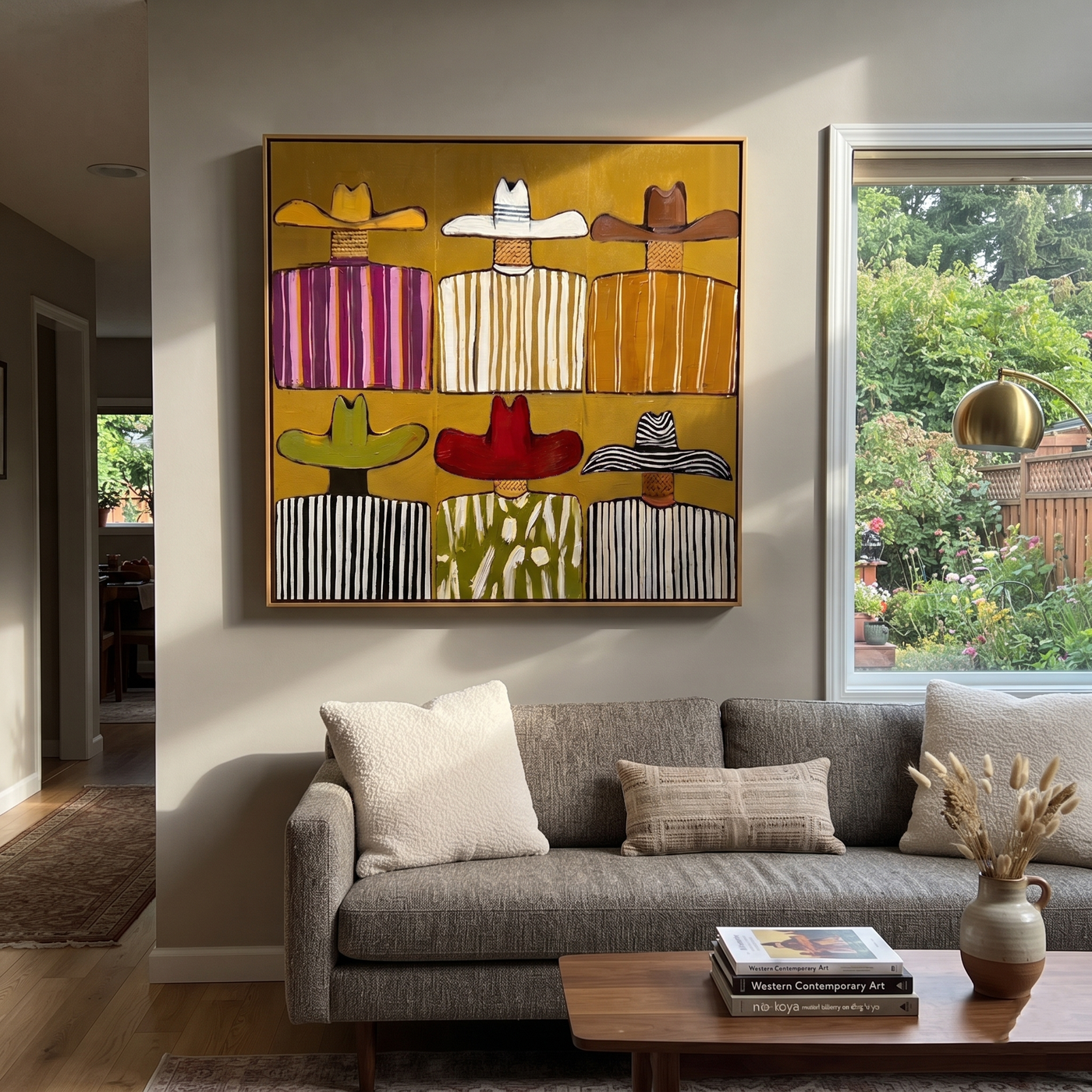 Six Brims Hold Mustard - six cowboy grid painting by Savannah Reed, modern folk art square wall art – styled room scene view 2