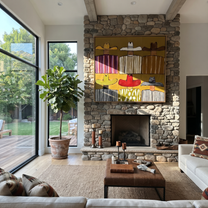 Six Brims Hold Mustard - six cowboy grid painting by Savannah Reed, modern folk art square wall art – styled room scene view 3