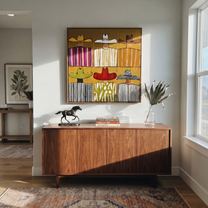 Six Brims Hold Mustard - six cowboy grid painting by Savannah Reed, modern folk art square wall art – styled room scene view 4
